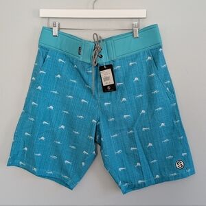 NEW Men's Scales First Mate Clean Fish Small Turquoise Swim Trunks